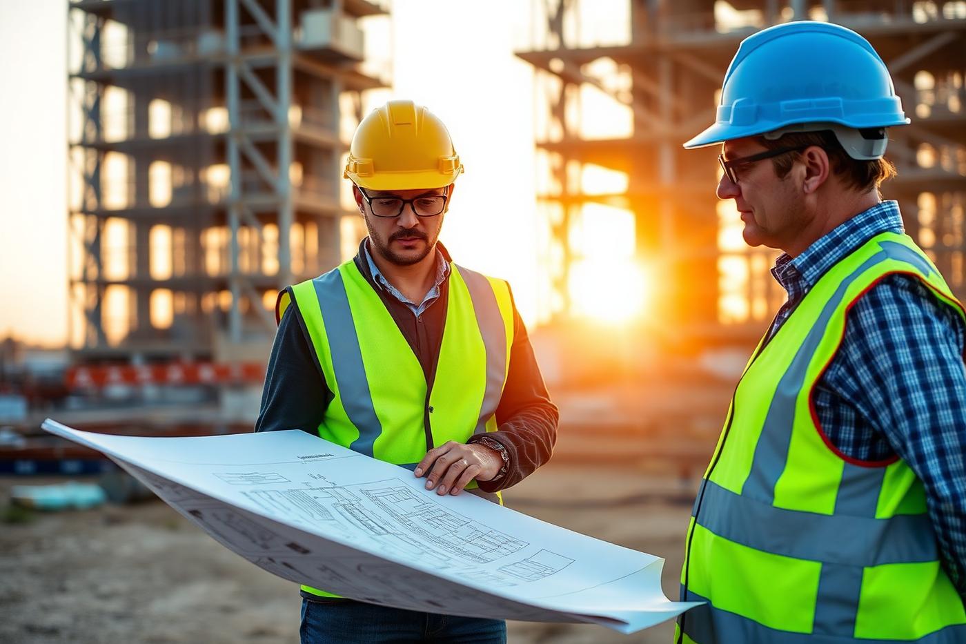 Engineers reviewing blueprints